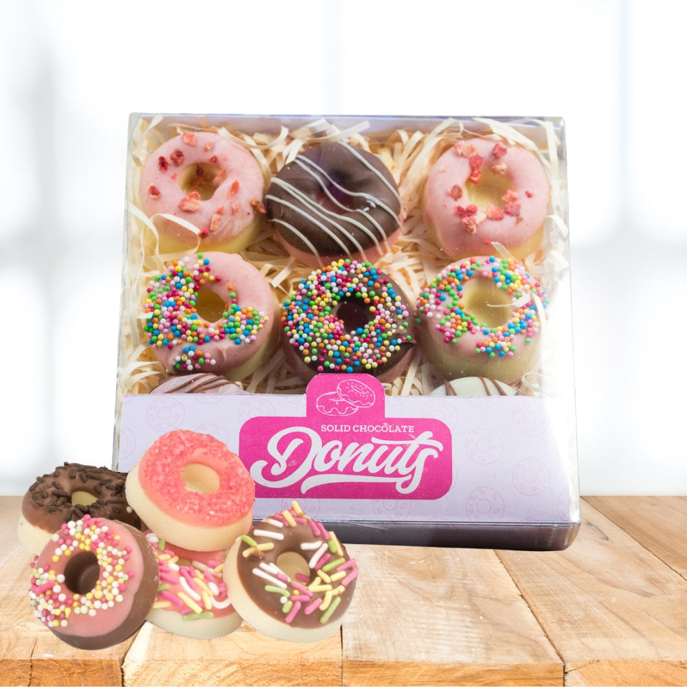 Milk, White & Raspberry Solid Chocolate Donuts